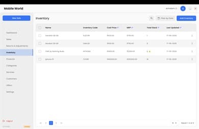 Inventory list in Bill Bandhan