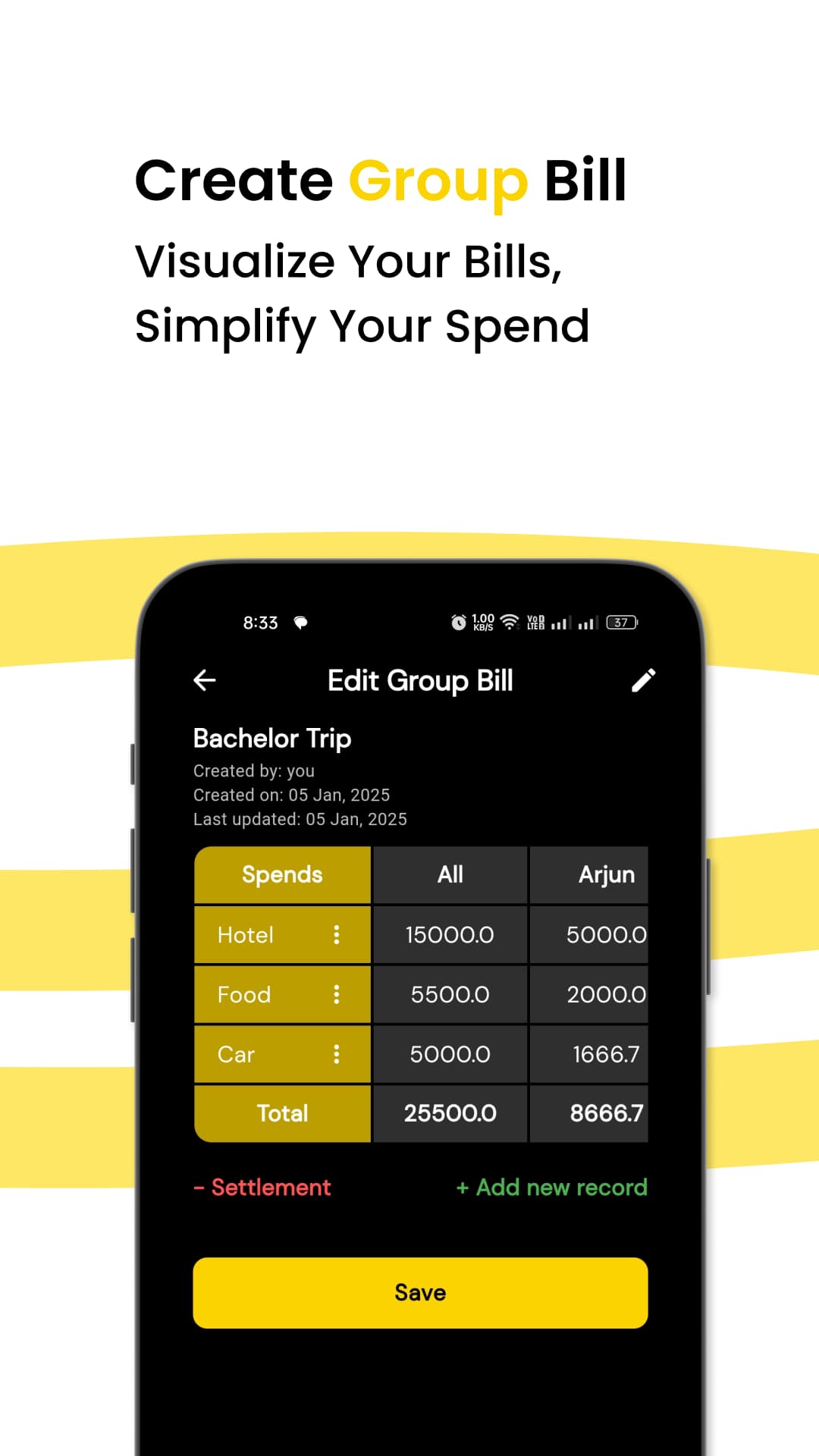 Editing a group bill and its spend breakdown in SplitE