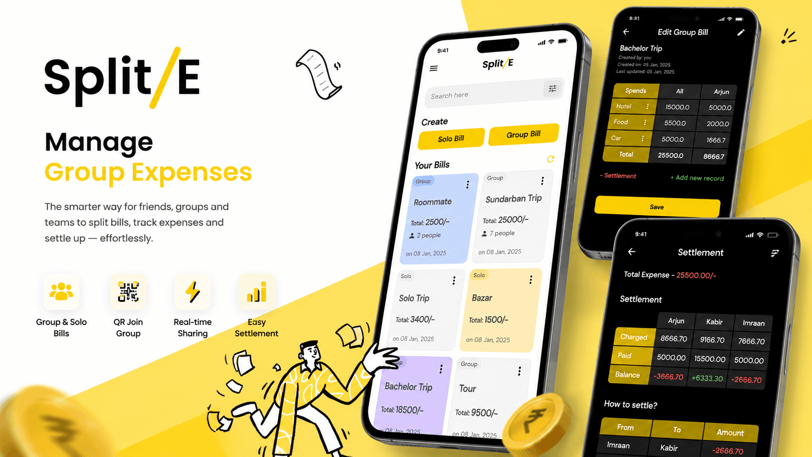 SplitE product marketing visual showing group bills, settlement and key features