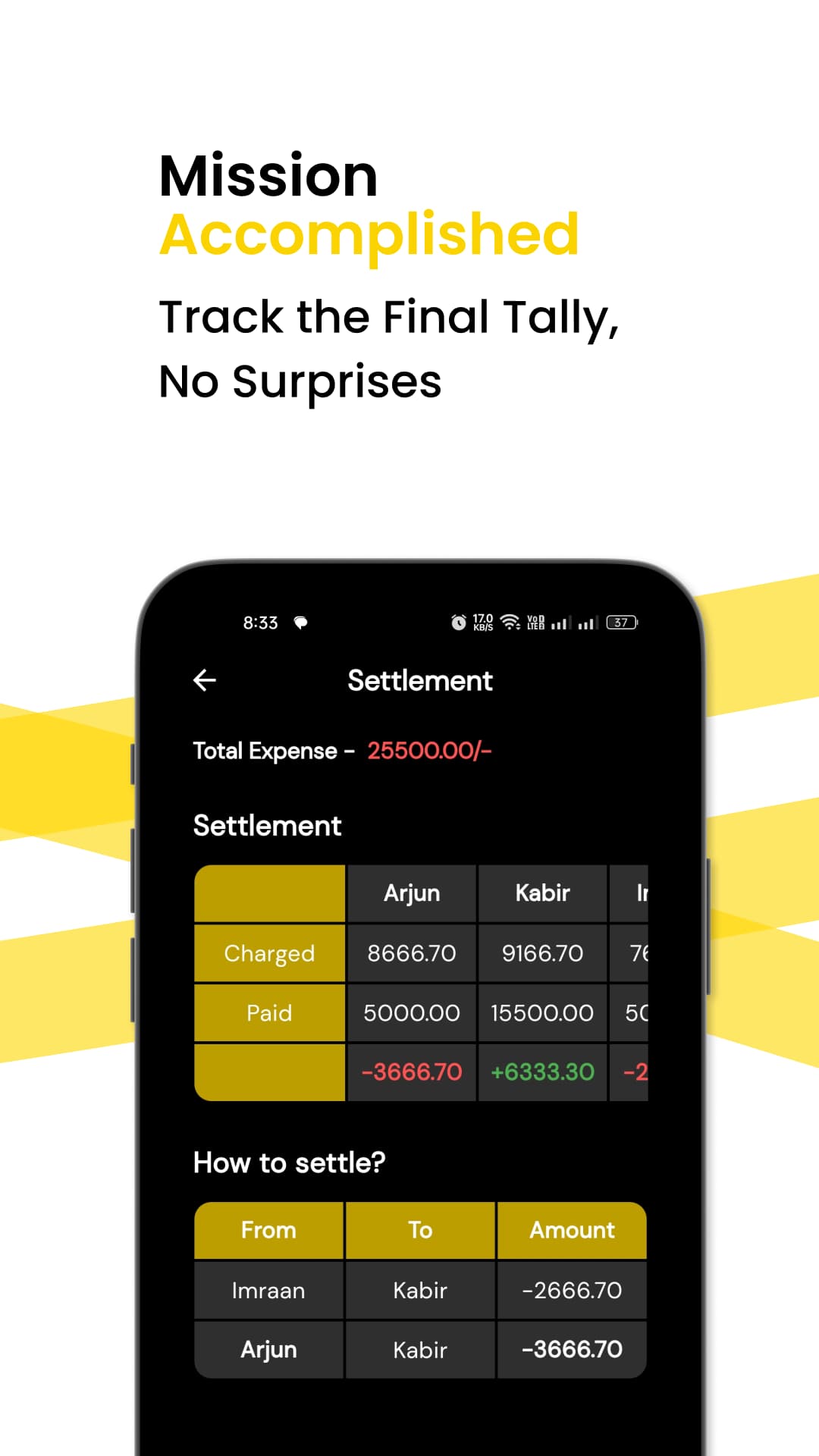 Settlement screen showing who owes whom in SplitE