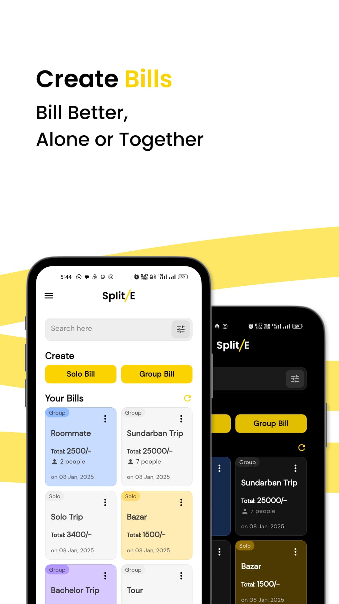 SplitE home screen showing solo and group bills